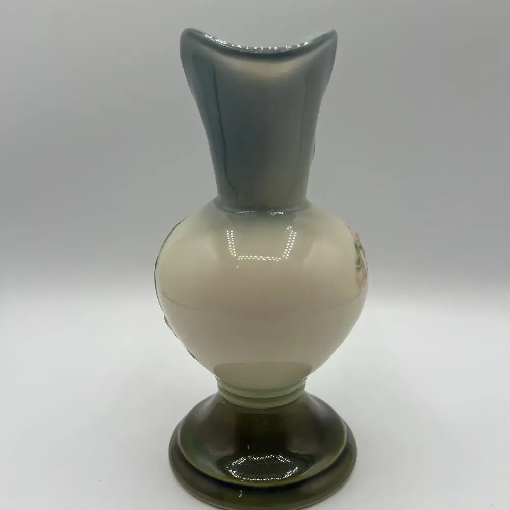 VTG Hull Pottery Woodland Ewer Pitcher W6 6½” Pink Floral Green Handle USA
